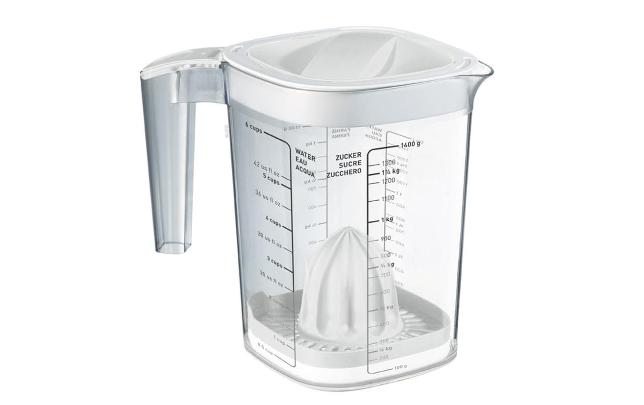 Rotho Messbecher Loft – 1,5 l – mit Deckel, Presse & Reibe – Kunststoff – Weiss