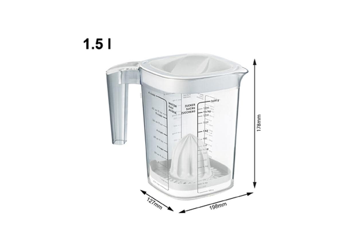 Rotho Messbecher Loft – 1,5 l – mit Deckel, Presse & Reibe – Kunststoff – Weiss