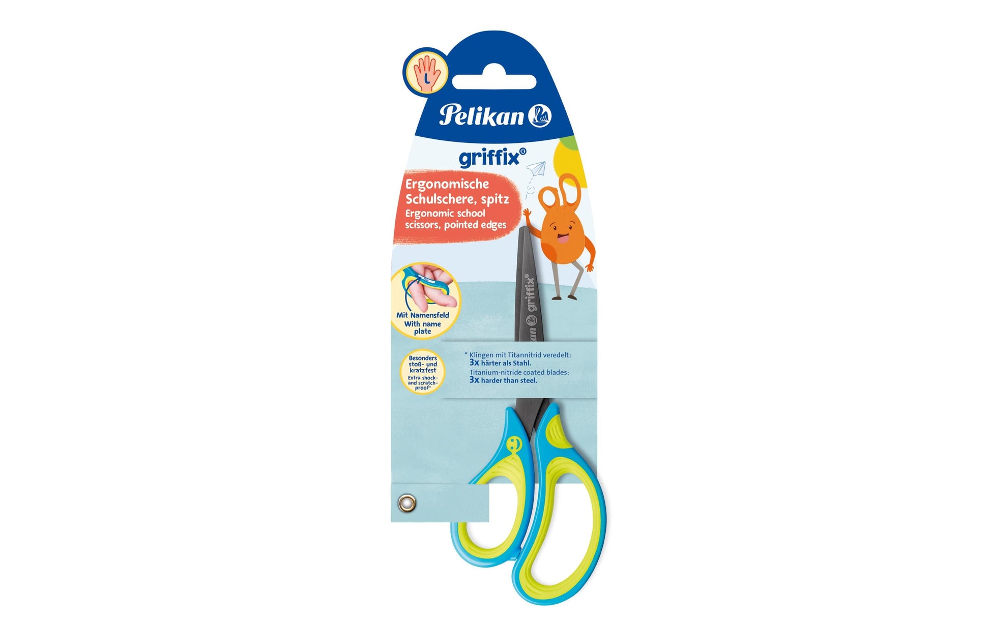 Pelikan Griffix Schere für Linkshänder – Titannitrid-beschichtet, ergonomischer Griff, latexfrei, Blau/Gelb
