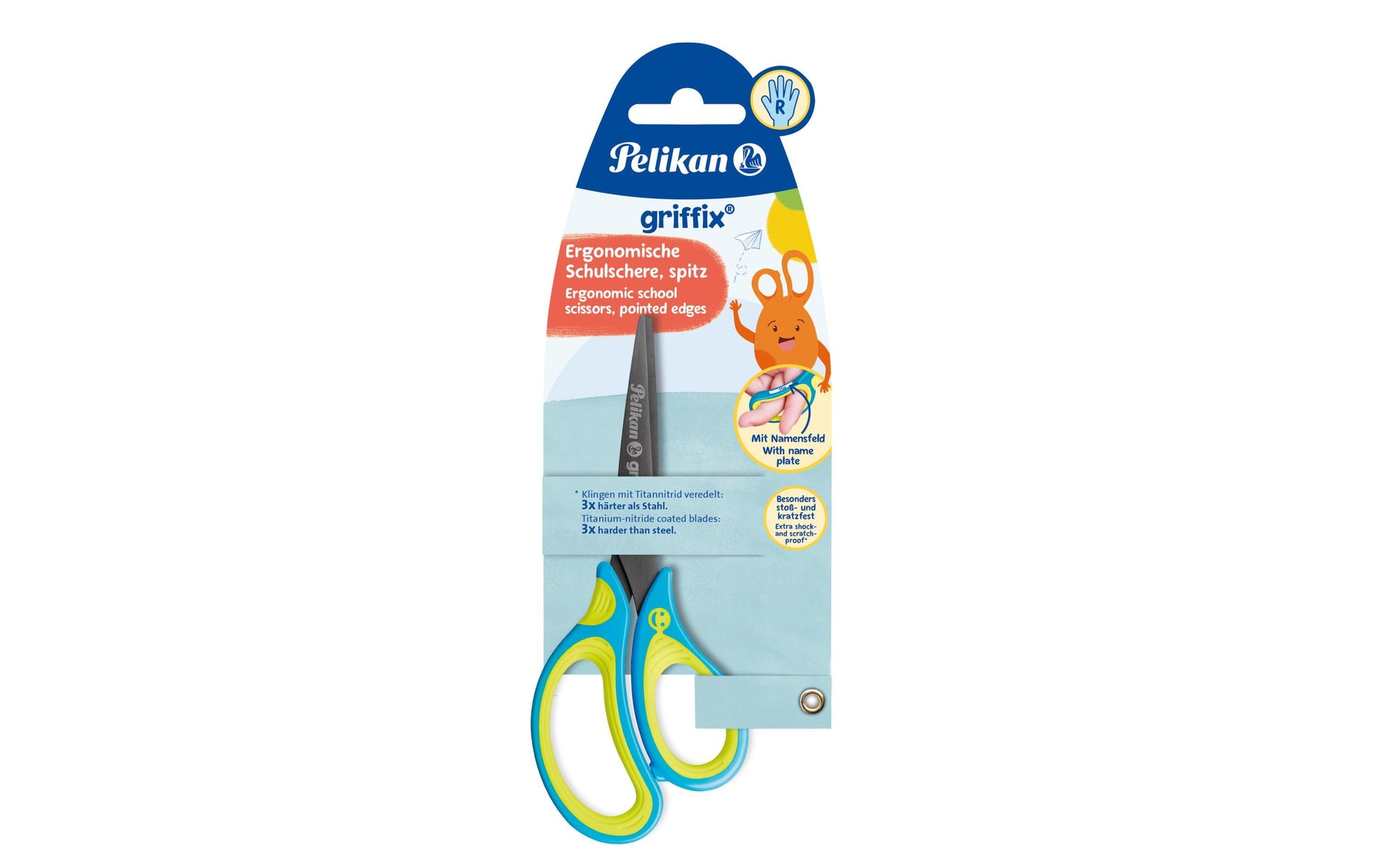 Pelikan Griffix Kinderschere 14,0 cm, spitz, für Rechtshänder – Edelstahl, ergonomischer Griff, Blau/Gelb