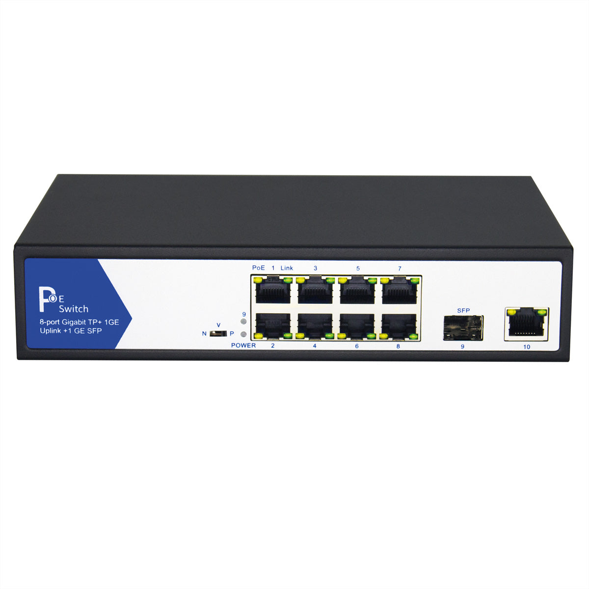 VALUE PoE Switch – 9× 1G, 1× SFP, 8× PoE (30 W/Port), PoE Budget 150 W, schwarz