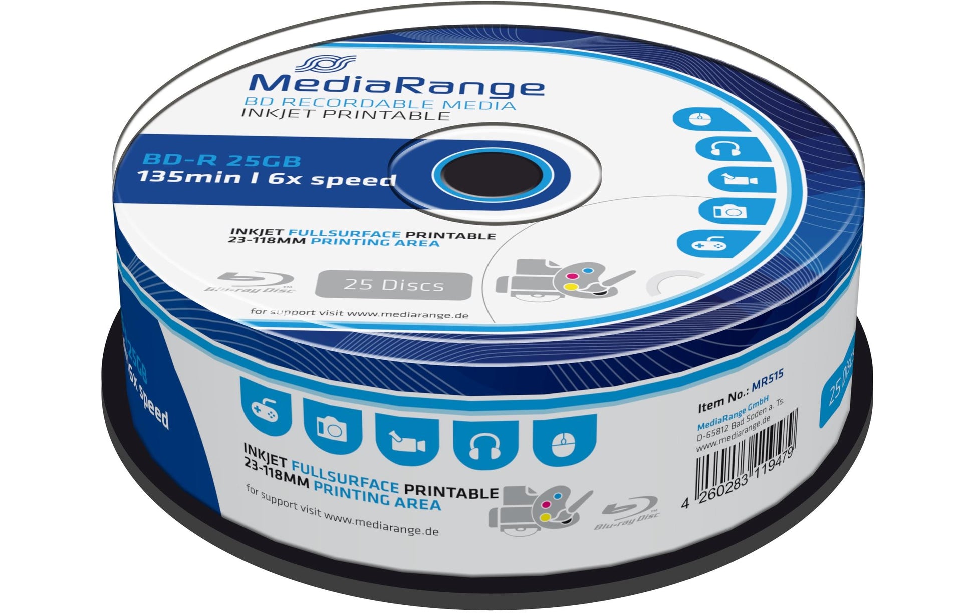 MediaRange BD-R 25 GB – 6×, bedruckbar, 25er Spindel