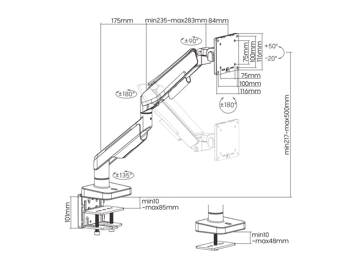 ROLINE Monitorarm Tischhalterung – Klemme/Durchführung – 1 Monitor – 17–49" – VESA 75×75/100×100 mm