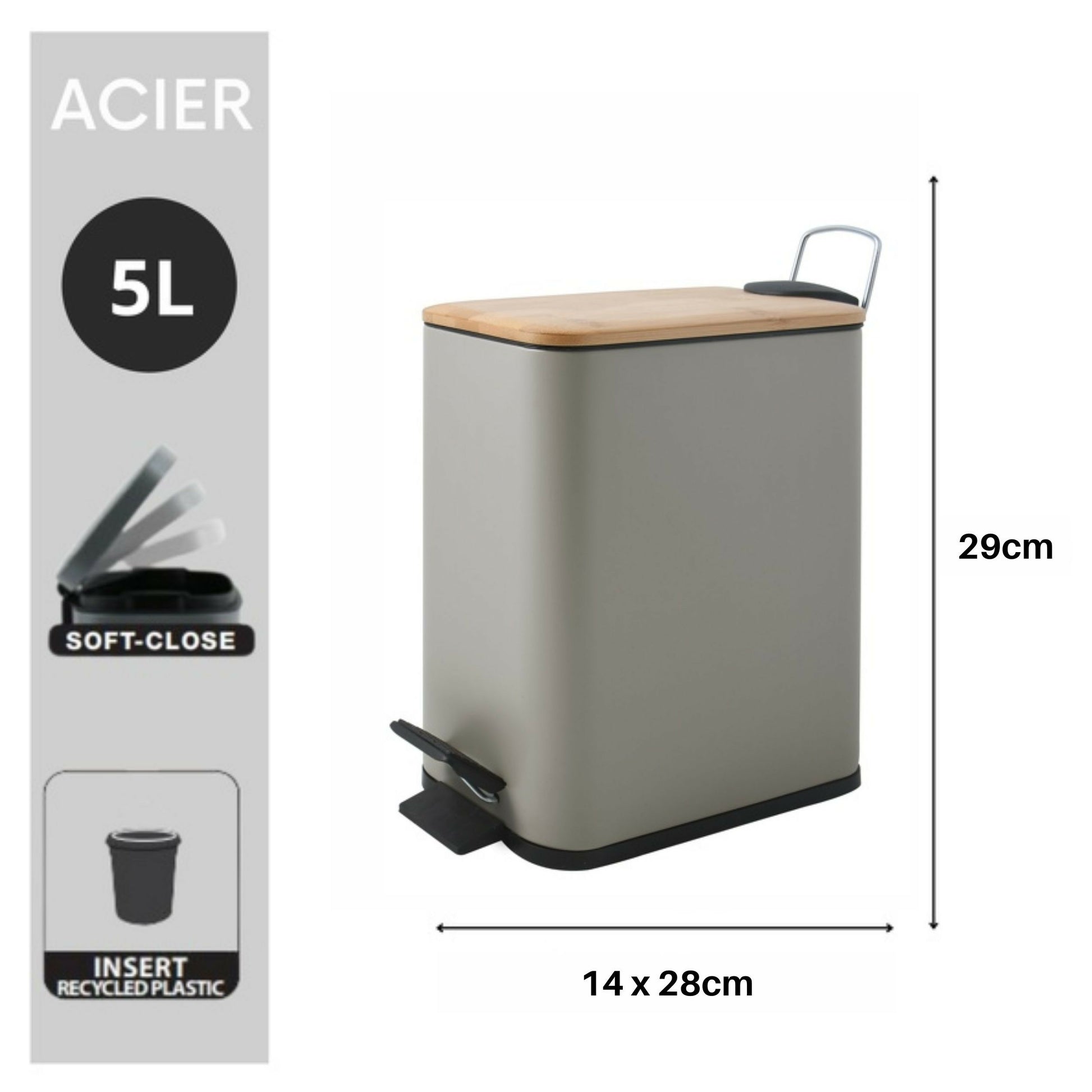 Spirella Papierkorb – 5 l – Stahl, Taupe – B × H × T 140 × 290 × 280 mm