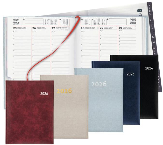 Biella Orario Agenda – 1 Woche/2 Seiten, gebunden, 17,5 × 23,5 cm, Jan–Dez, 2026, mehrsprachig, schwarz, FSC