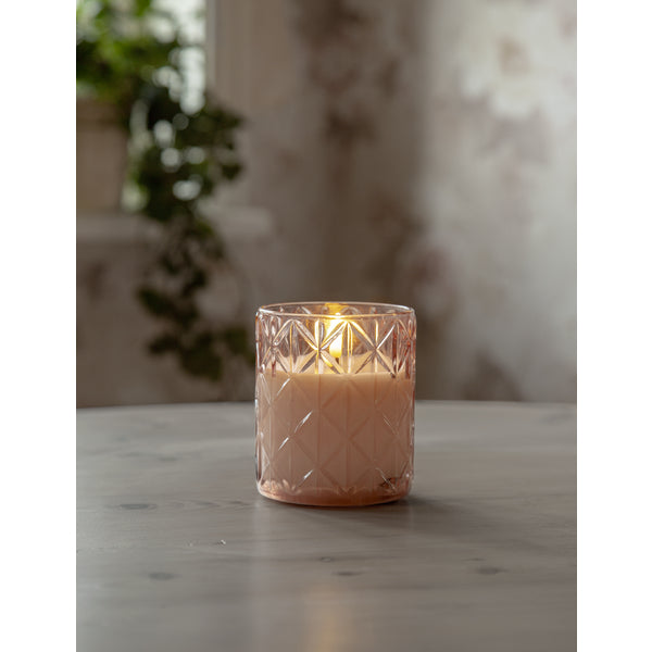 Star Trading Flamme Romb LED Kerze – Ø 10 × 12,5 cm – Glas & Wachs, Rosa – Timer