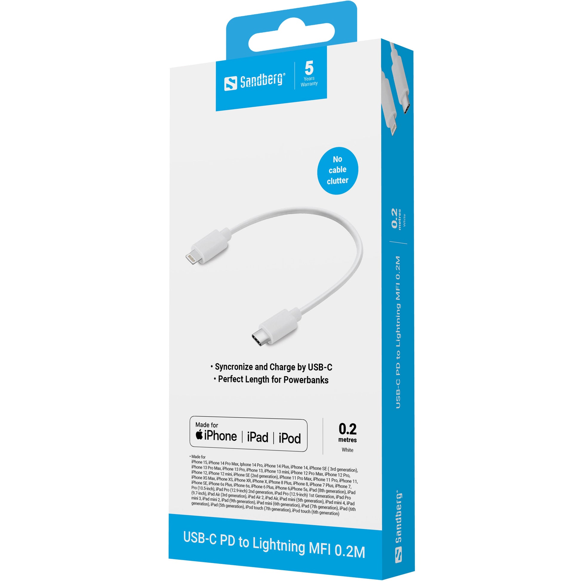 Sandberg Daten- & Ladekabel – Lightning auf USB-C 0,2 m, MFi-zertifiziert, Weiss – für iPhone/iPad