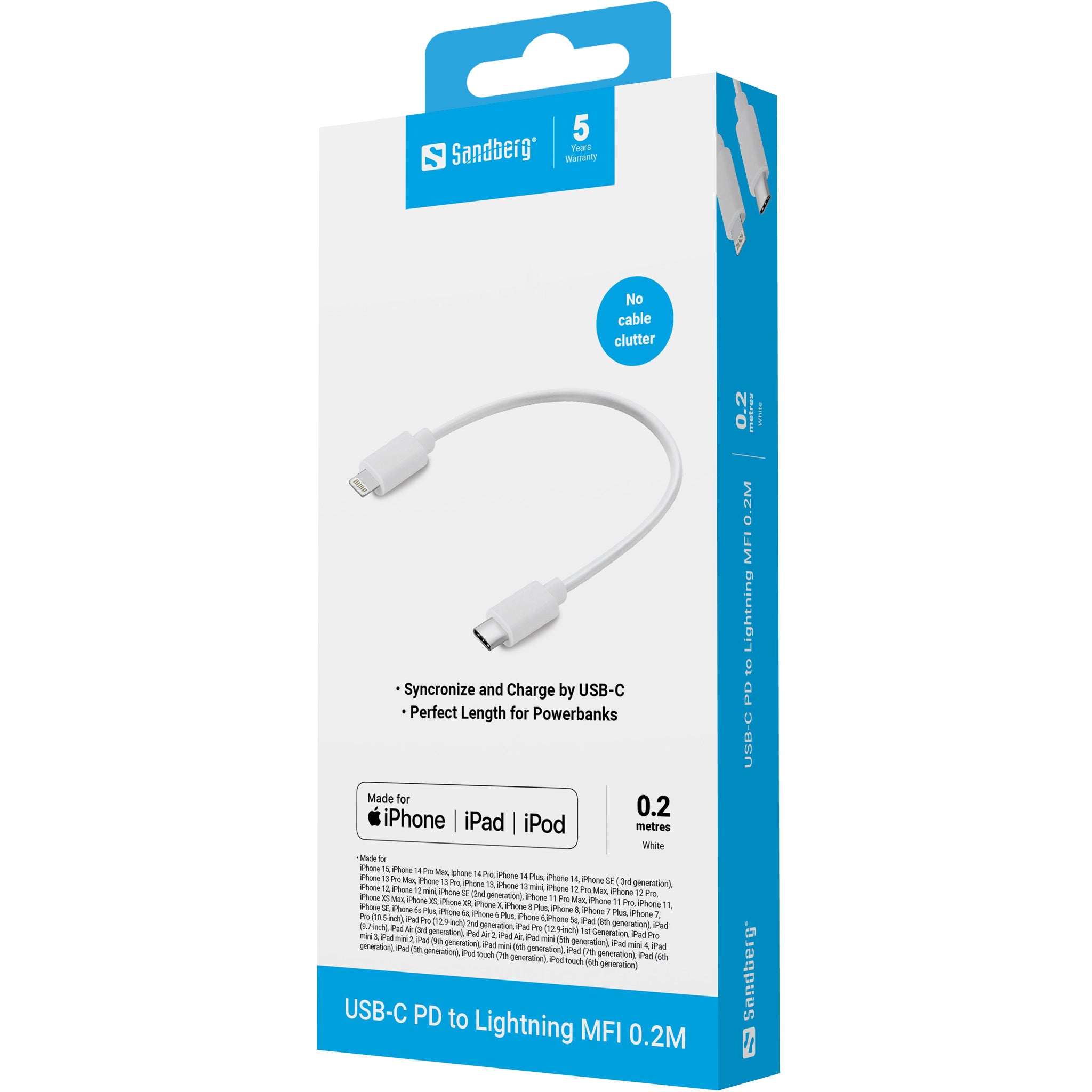 Sandberg Daten- & Ladekabel – Lightning auf USB-C 0,2 m, MFi-zertifiziert, Weiss – für iPhone/iPad