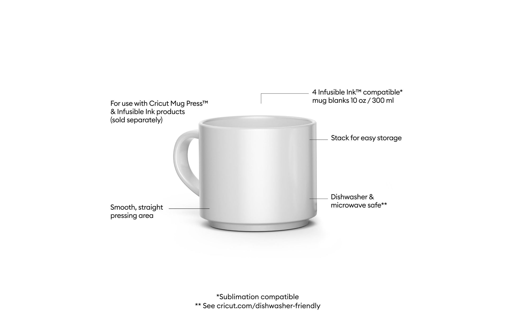 Cricut Tasse – 4er Set, 300 ml, Porzellan, Weiss, spülmaschinenfest, mikrowellengeeignet, für Sublimation