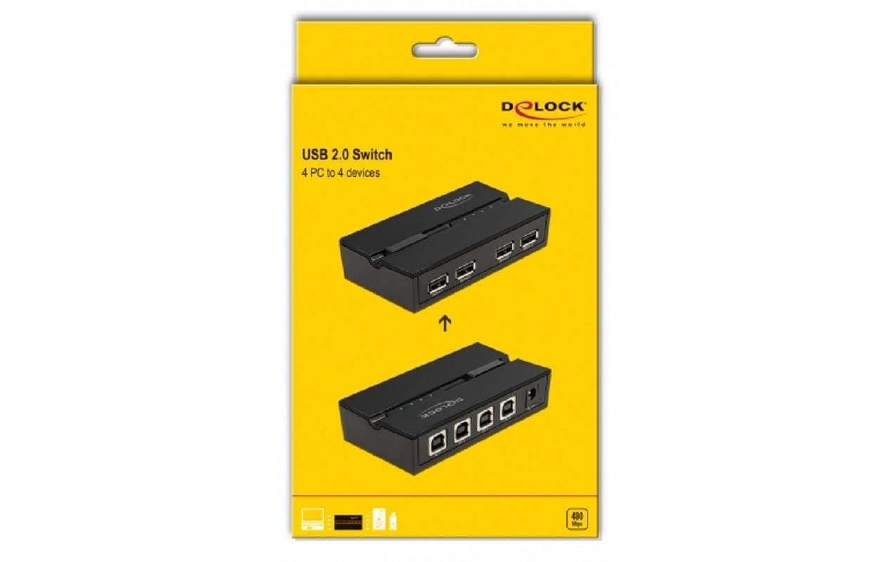 DeLOCK USB-Switch – 4 × USB-A/4 × USB-B Buchsen – USB 2.0 (480 Mbit/s) – Tasten, LED-Anzeigen – Schwarz