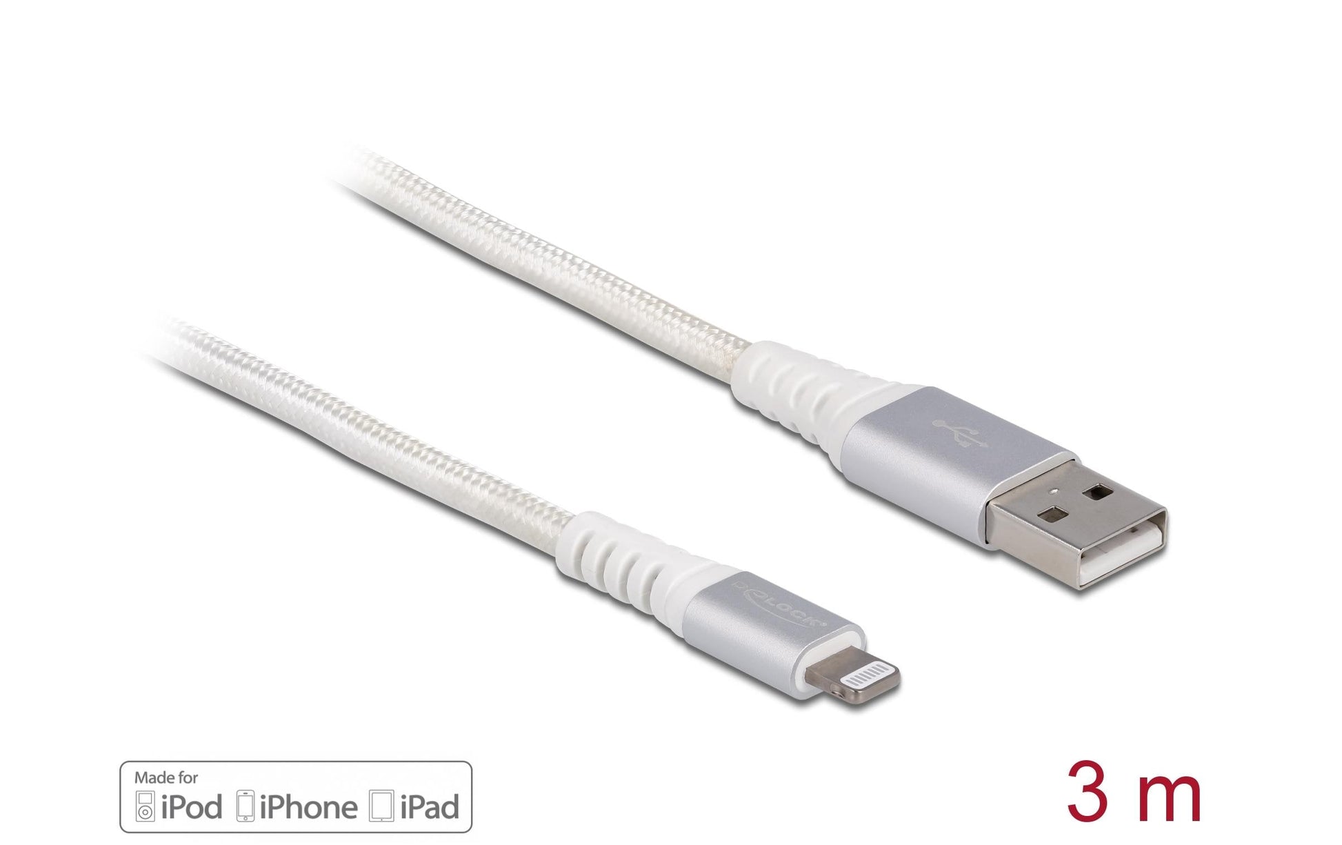 DeLOCK Kabel – USB-A auf Lightning 3 m, MFi zertifiziert, Kevlar, Weiss – für iPhone/iPad