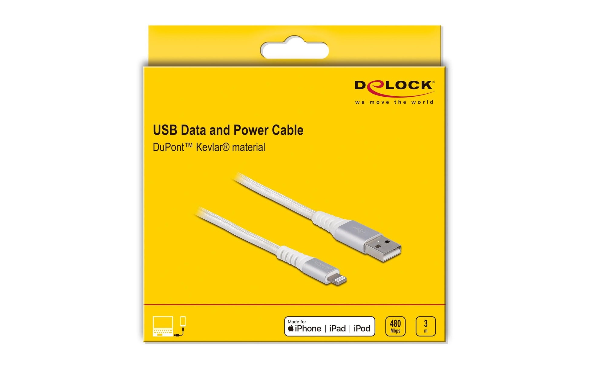 DeLOCK Kabel – USB-A auf Lightning 3 m, MFi zertifiziert, Kevlar, Weiss – für iPhone/iPad