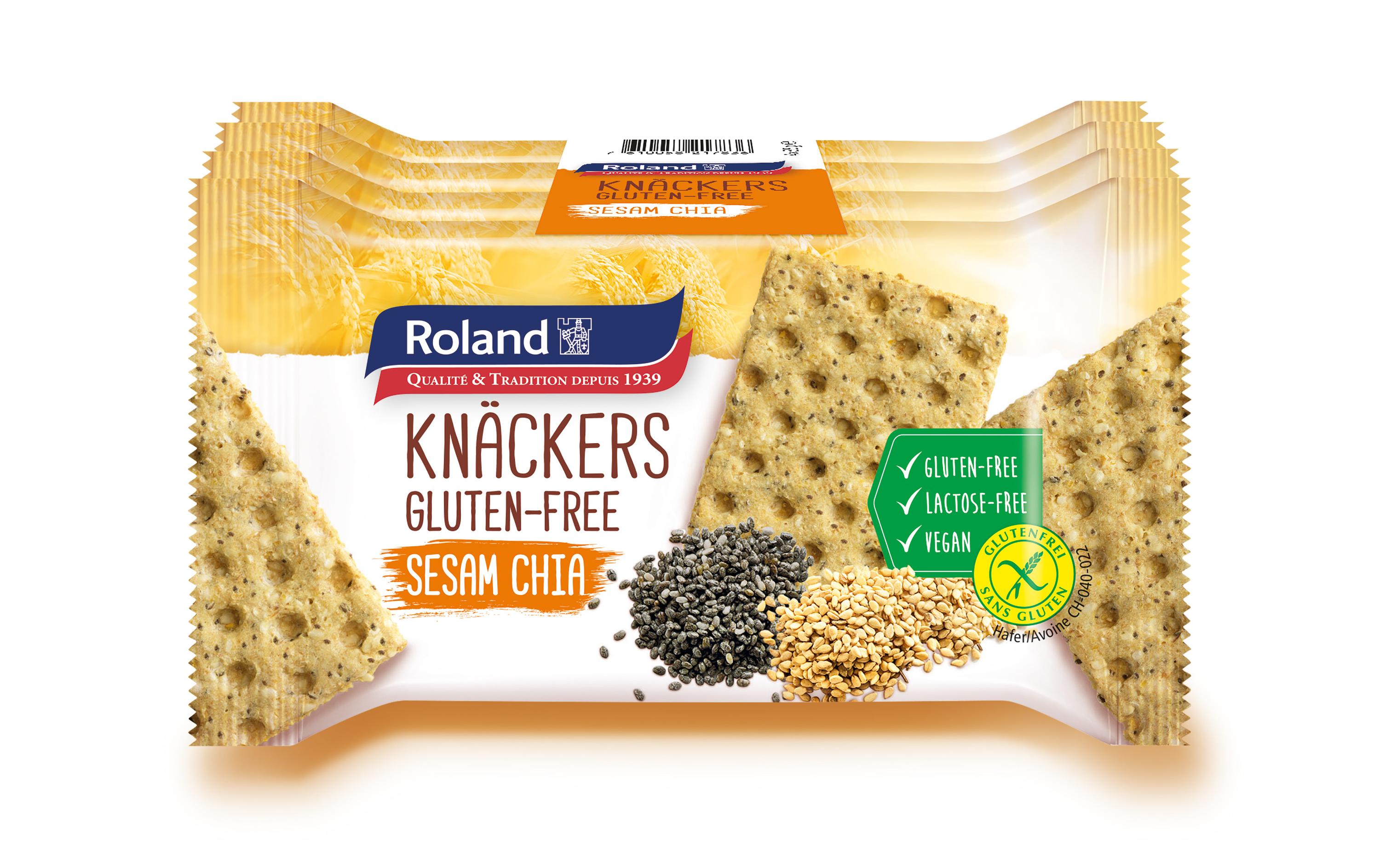 Roland snacks Knäckers Cracker – Chia-Sesam, glutenfrei – 4 × 35 g