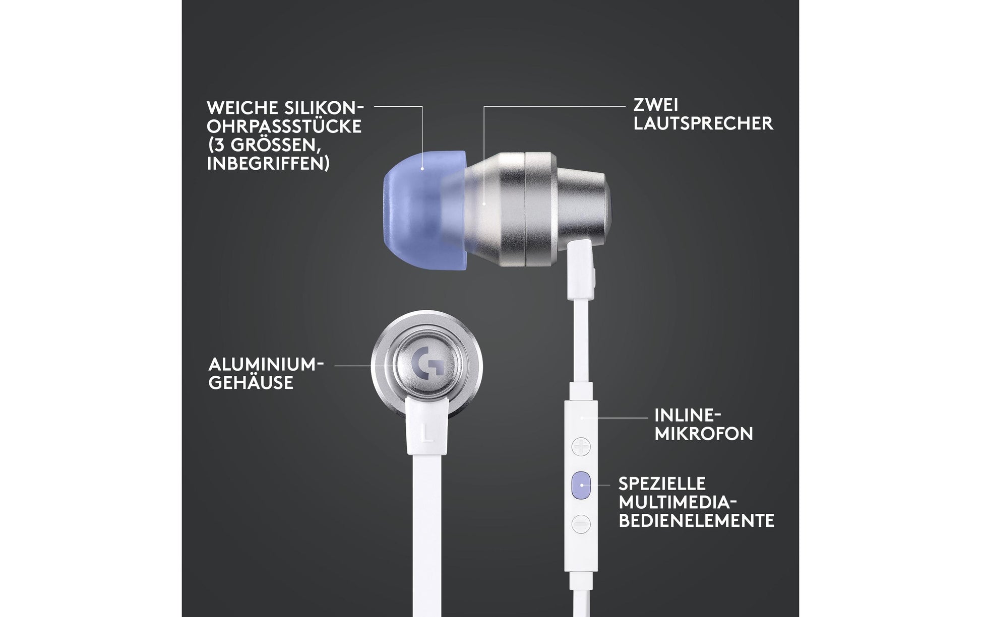 Logitech G G333 Gaming-Headset – In-Ear, Stereo, Kabelgebunden, 3,5 mm Klinke, für PC, Mobilgeräte, Xbox u. a., Weiss