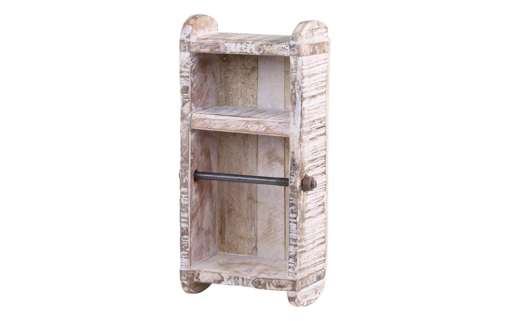 Chic Antique Toilettenpapierhalter – Holz (Kiefer), Eisen, Weiss, Wandmontiert, Zum Bohren, Mit Ablage, 10 ×