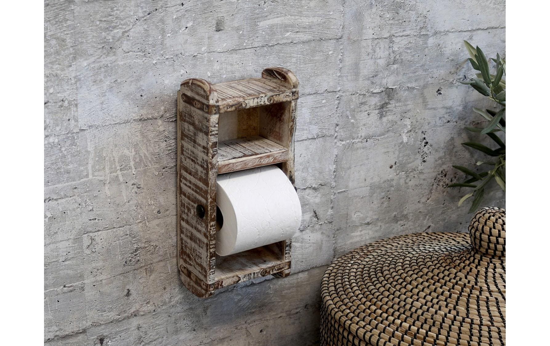 Chic Antique Toilettenpapierhalter – Holz (Kiefer), Eisen, Weiss, Wandmontiert, Zum Bohren, Mit Ablage, 10 ×