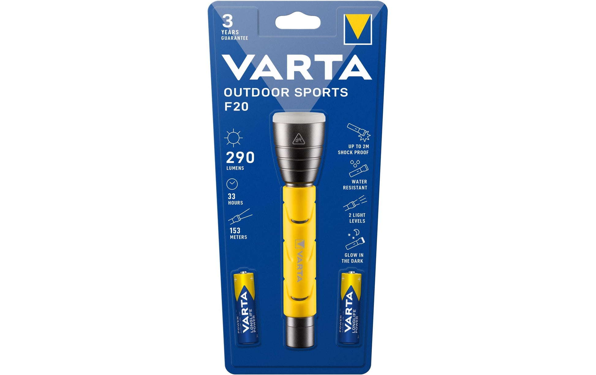 VARTA Taschenlampe 18628101421 – 290 lm, 160 m, IPX4, Batteriebetrieb 2× AA – Schwarz/Gelb