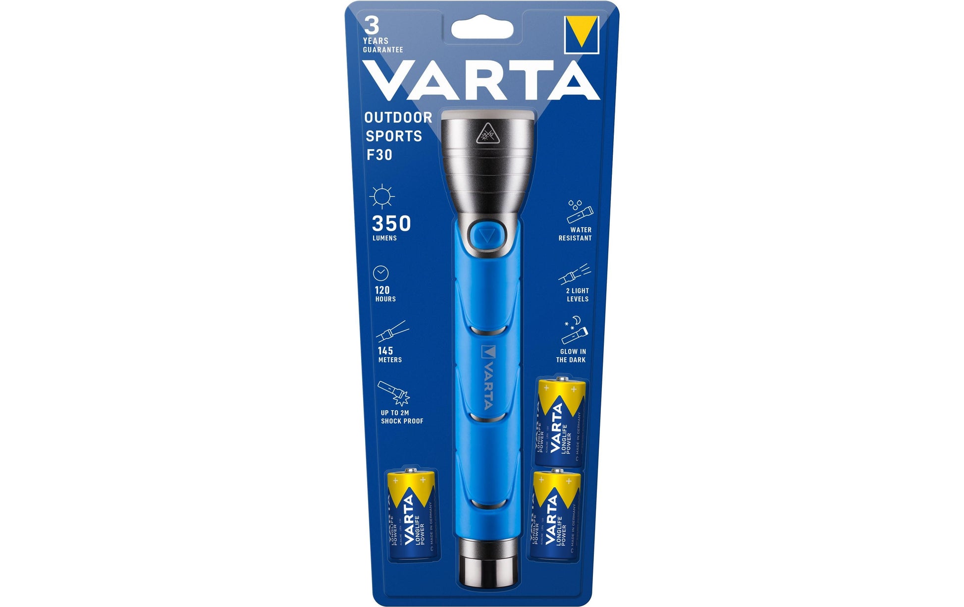 Varta Taschenlampe 18629101421 – 350 lm, 141 m, IPX4, Batteriebetrieb (3× LR14), 2 Stufen – Schwarz