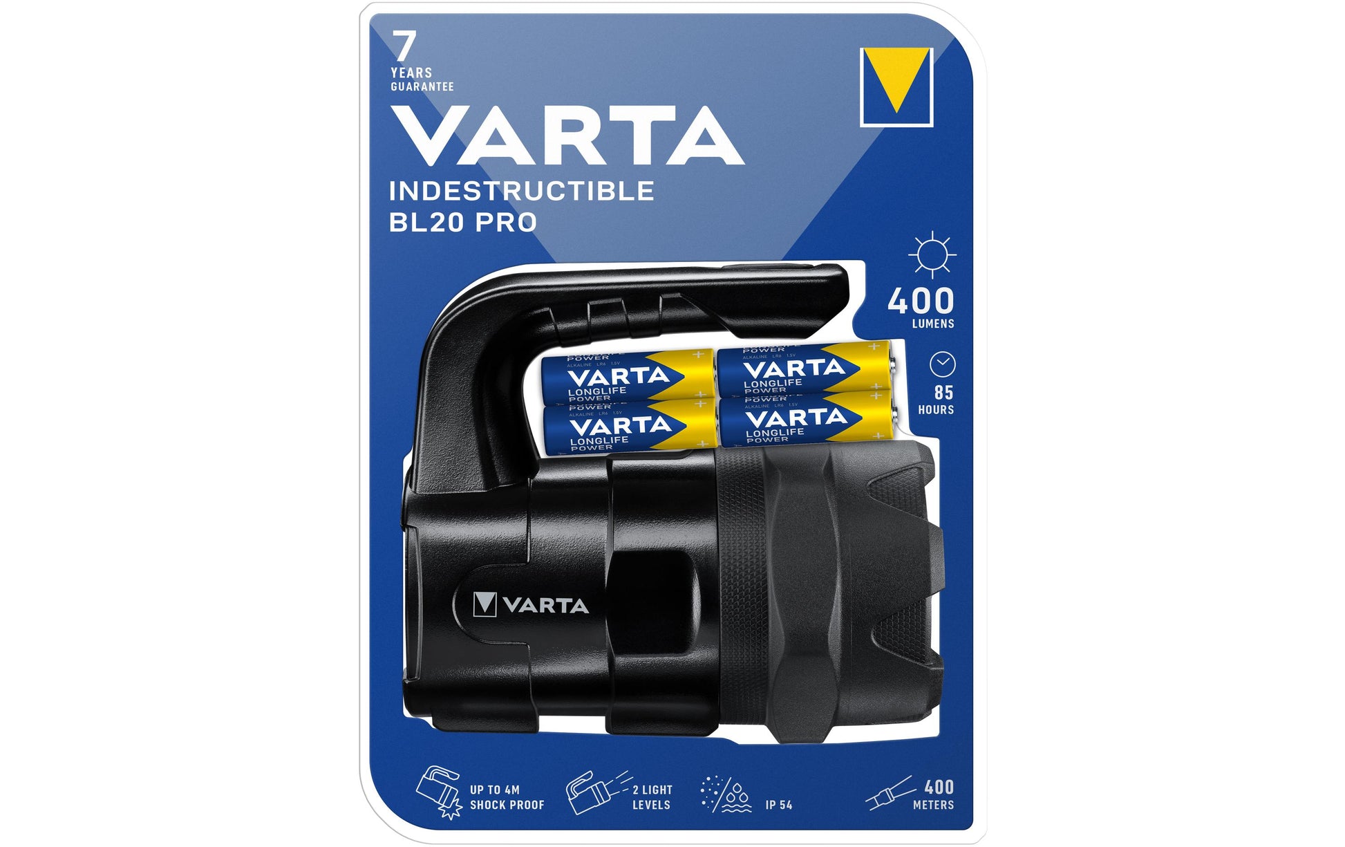Varta Taschenlampe Indestructible BL20 Pro – 400 lm, 400 m, IP54, 3 Stufen – Schwarz