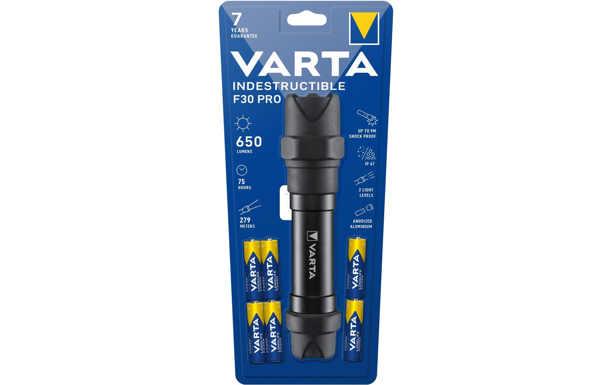 Varta Taschenlampe Indestructible F30 Pro – 650 lm, 279 m, IP67, 6× AA, 2 Stufen – Schwarz