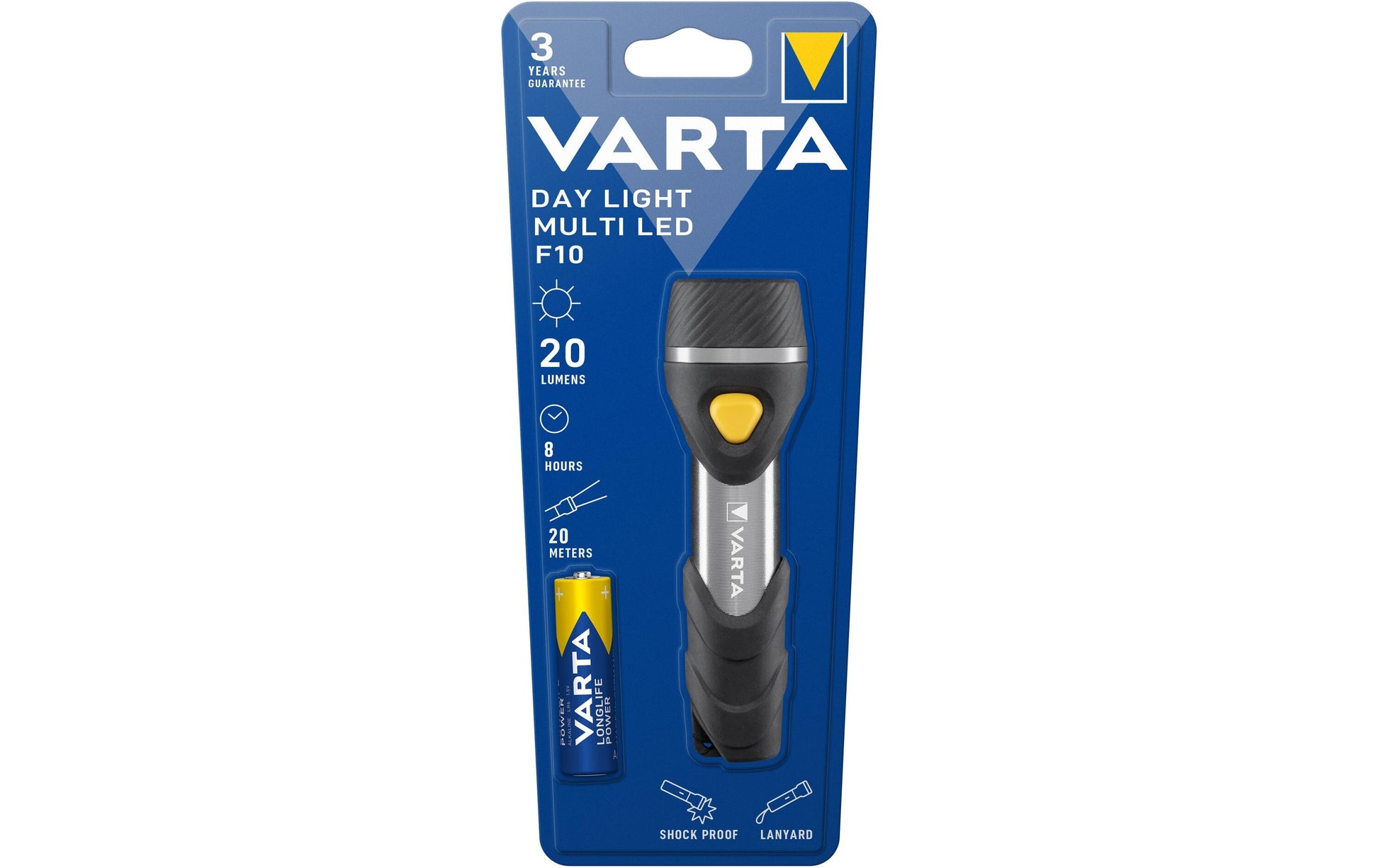 VARTA Taschenlampe Multi LED Day Light F10 – 20 lm, 20 m, Batteriebetrieb AA – Aluminium
