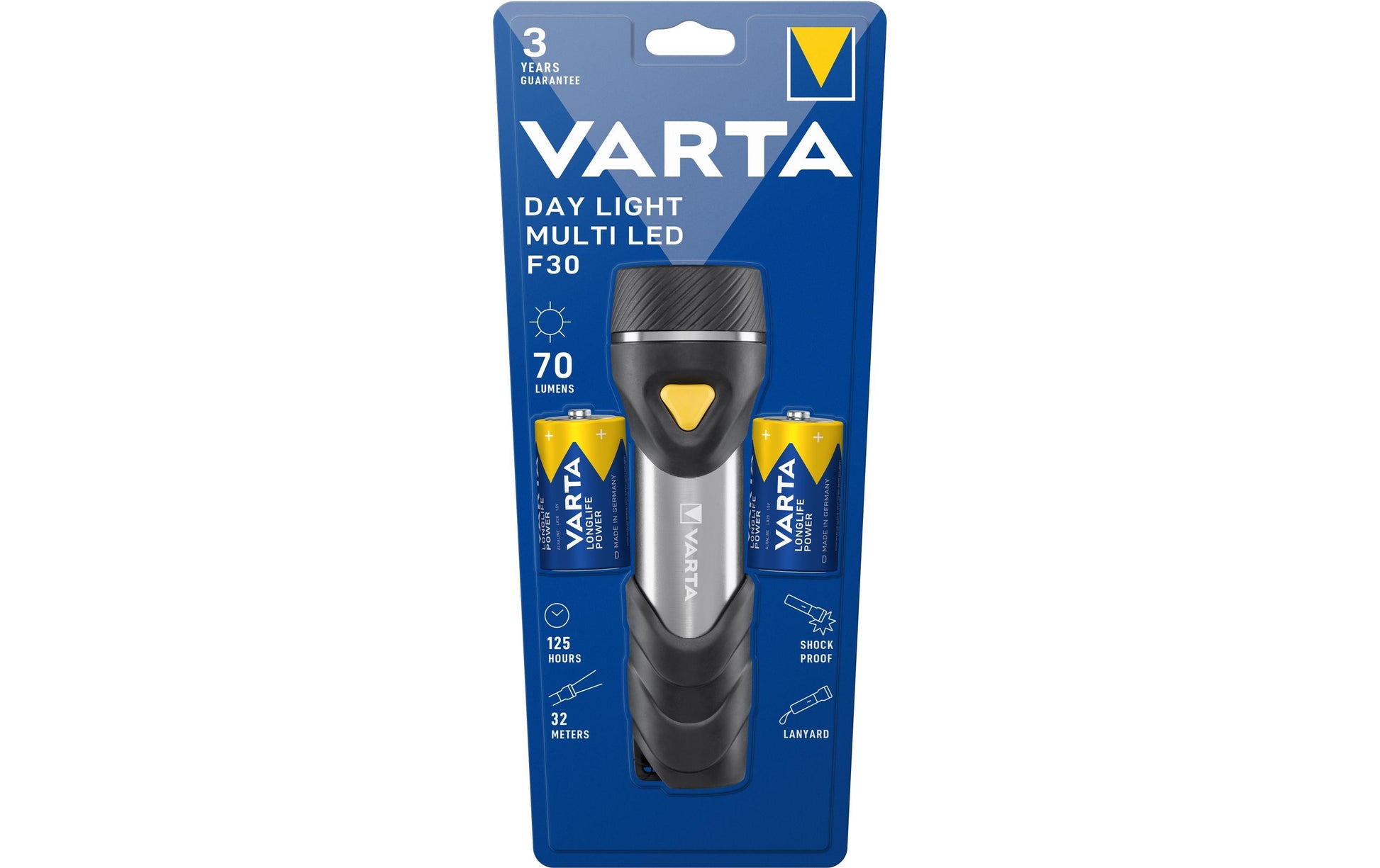 Varta Taschenlampe Day Light F30 – 70 lm, 32 m, batteriebetrieben (2× D) – Schwarz