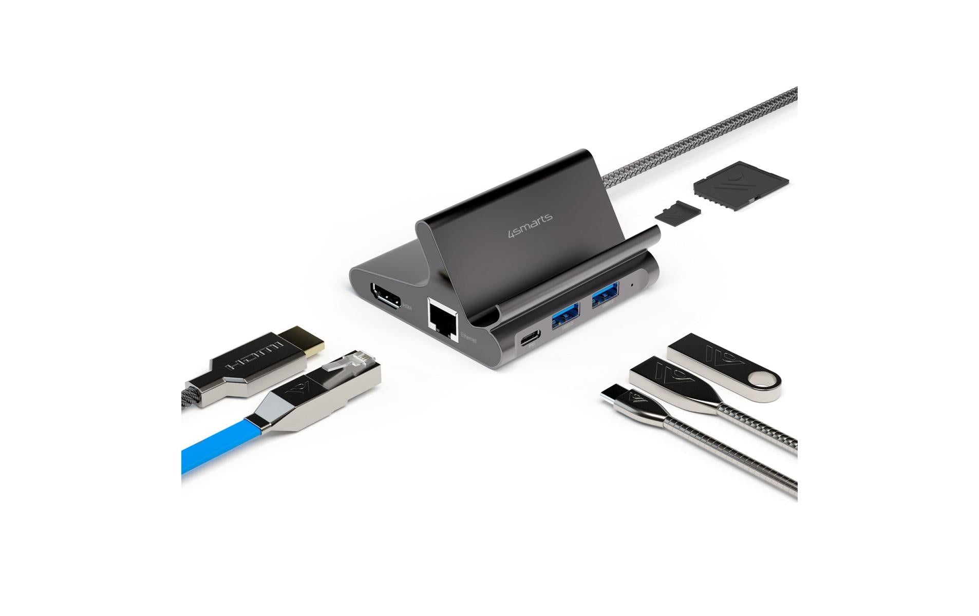 4smarts 7-in-1 Hub Smartphone-Dock – USB-C, HDMI ×1, USB-A ×2, Ethernet – PD 100 W – für Tablet/Phone – Grau