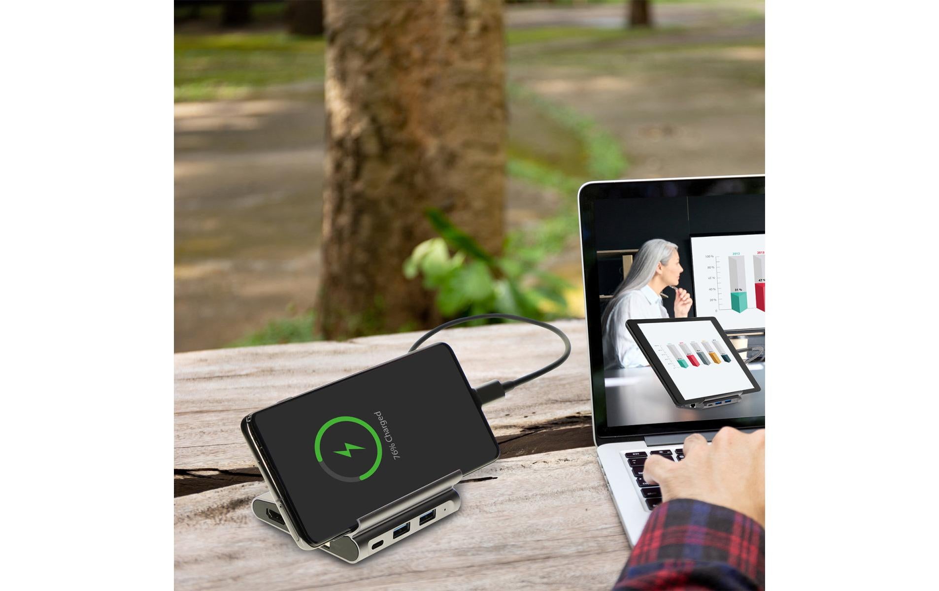 4smarts 7-in-1 Hub Smartphone-Dock – USB-C, HDMI ×1, USB-A ×2, Ethernet – PD 100 W – für Tablet/Phone – Grau