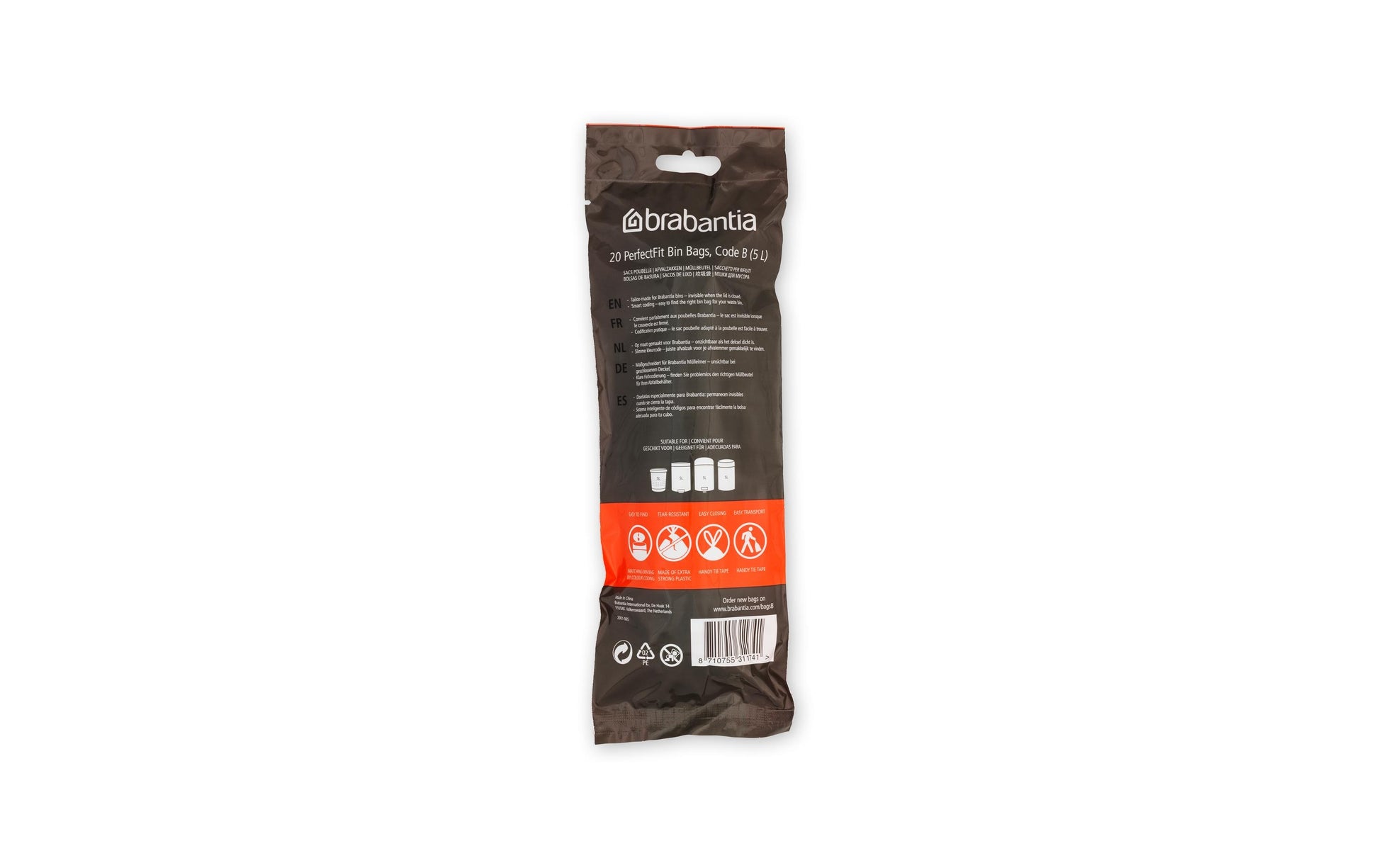 Brabantia Kehrichtsack PerfectFit für Abfallbehälter – 5 l, mit Zugband, PE, weiss, 330 × 340 × 1 mm, 20 Stk