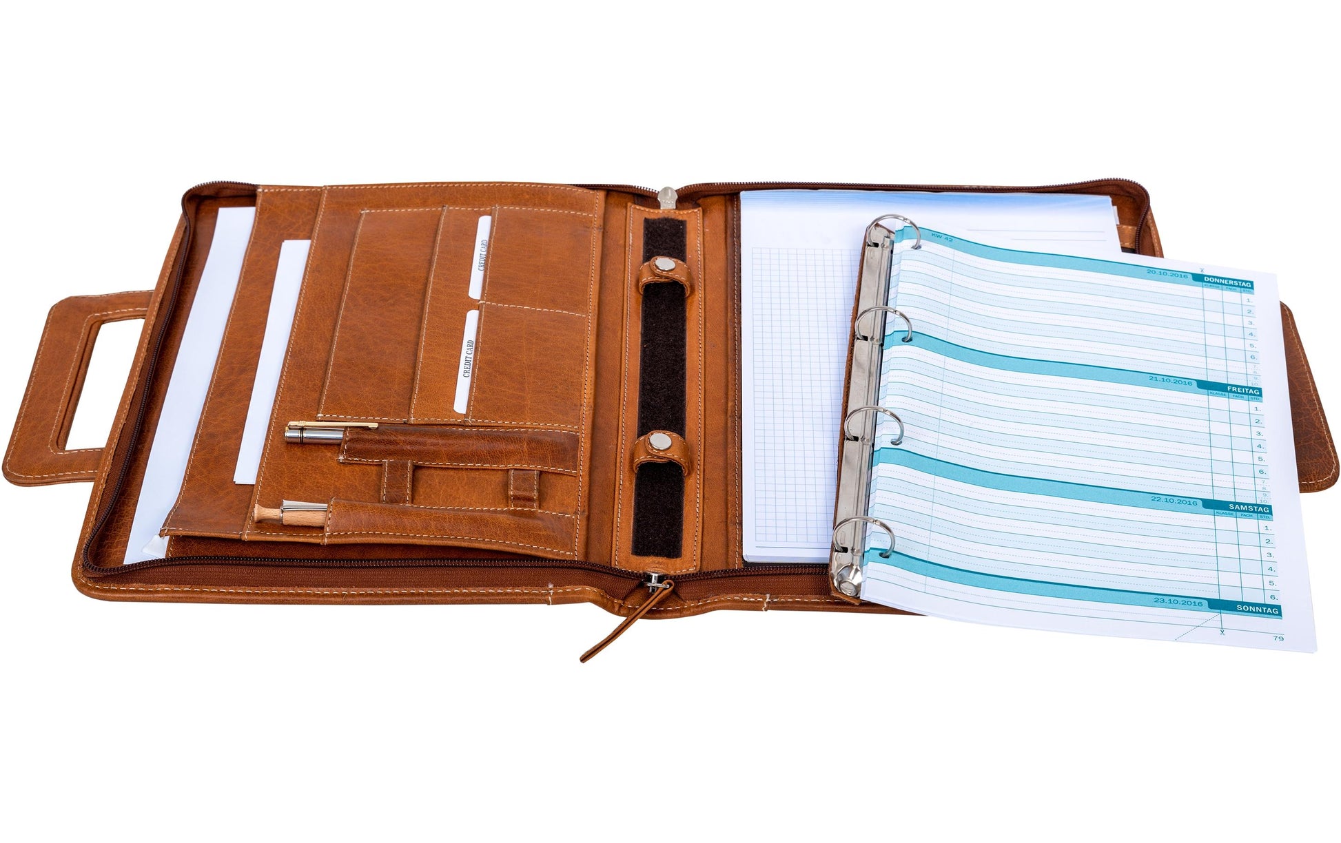 Alpenleder Konferenzmappe – A4, Reissverschluss, Leder, Cognac