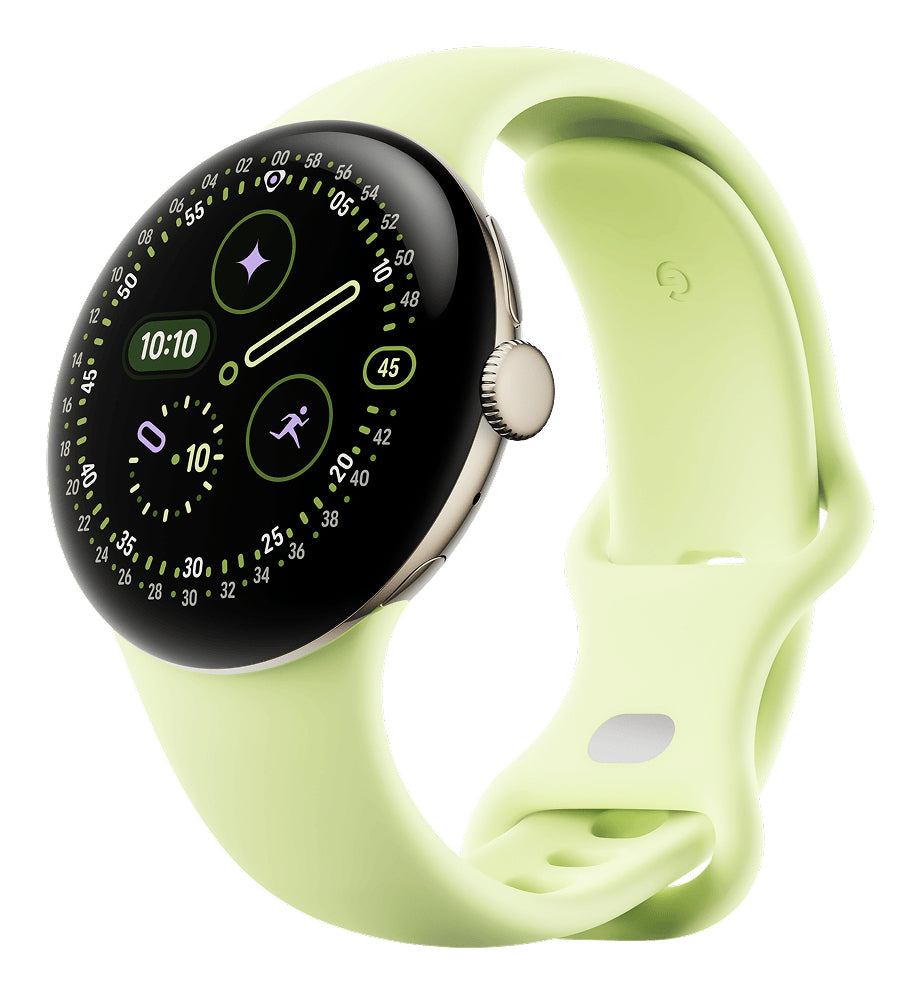 Google Pixel Watch 4 41 mm GPS + Cellular – Aluminium Gold, Sport Band, Grün, S/L, 50 m