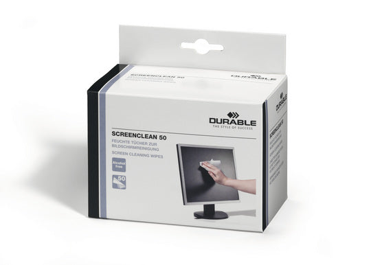 Durable Reinigungstücher Screenclean 50 – alkoholfrei – für LCD/TFT/Plasma – 50 Stk.