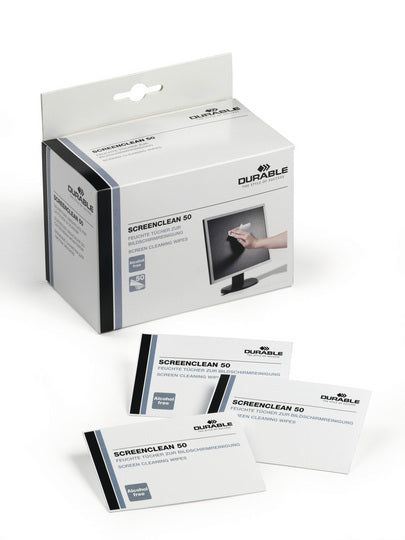 Durable Reinigungstücher Screenclean 50 – alkoholfrei – für LCD/TFT/Plasma – 50 Stk.