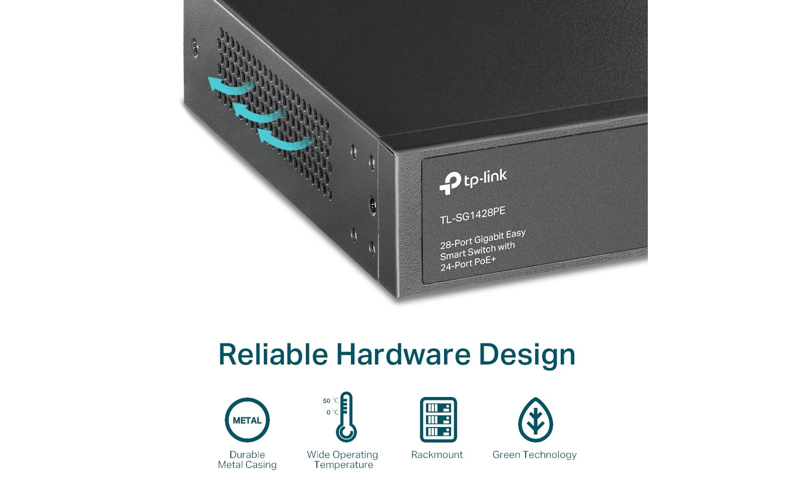 TP-Link TL-SG1428PE – Managed L2 Switch – 24× 1G (PoE+), 2× 1G, 2× SFP, PoE-Budget 250 W, 19", 1U