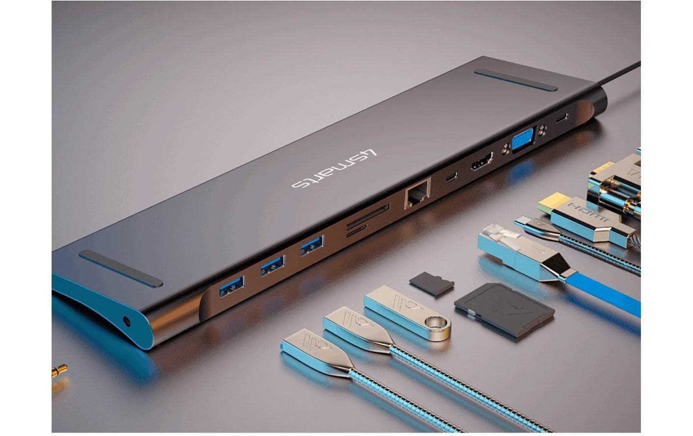 4smarts 11in1 Multiport-Adapter – USB-C, 1× HDMI, 1× VGA, 3× USB-A, 100 W PD, GbE, für USB-C-Geräte