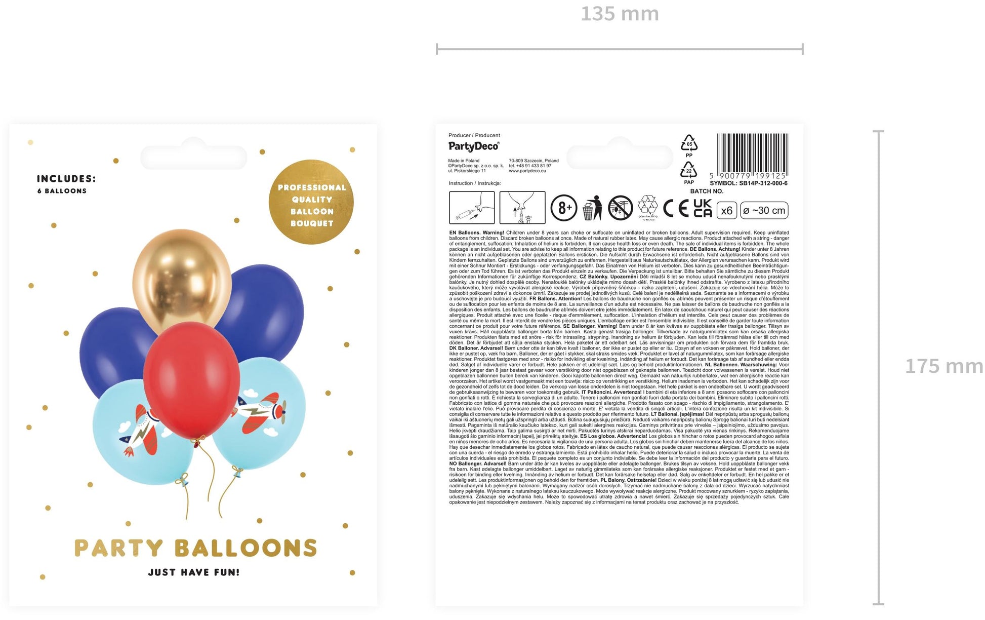 PartyDeco Luftballons Flugzeug – mehrfarbig – Ø 30 cm – Latex – 6 Stk