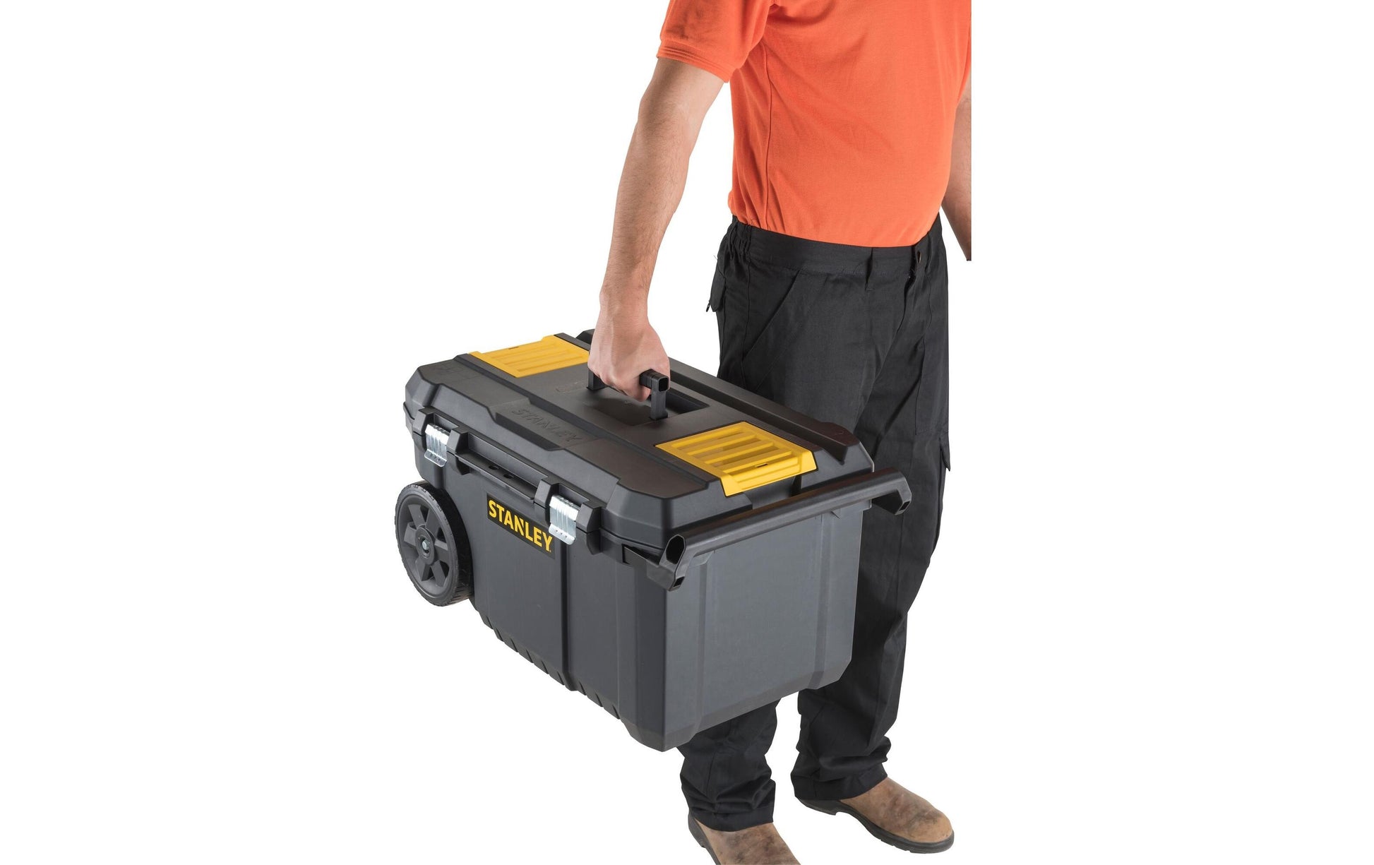 Stanley STST1-80150 Werkzeugbox 50 l – leer, Teleskopgriff, 2 Rollen, schwarz, B 344 × H 404 × T 665 mm