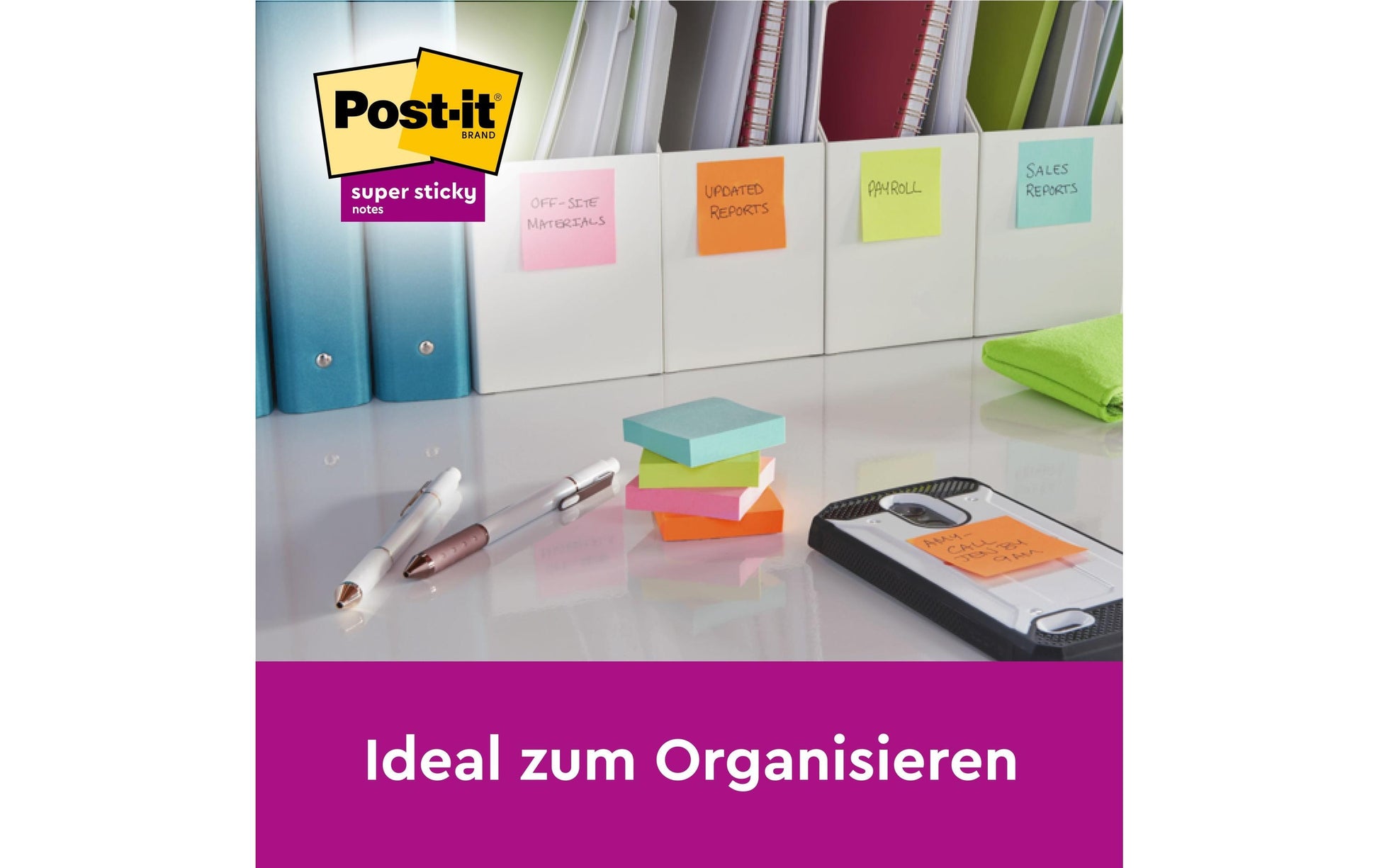 3M Post-it Haftnotizen Super Sticky – 76×76 mm – sortiert, 16×90 Blatt, PEFC