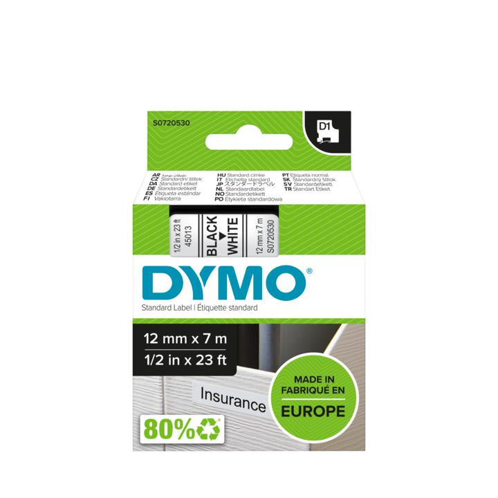 DYMO Schriftband – 12 mm × 7 m, weiss, schwarz – für LabelManager, LabelWriter 450 DUO – D1-TAPE