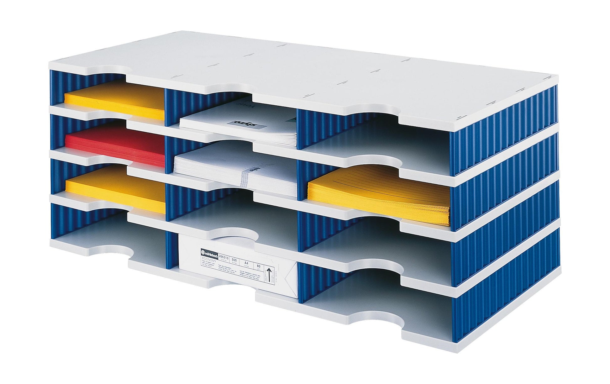 Styro Briefkorb – Kunststoff, 12 Fächer, Blau, Grau, B 723 × H 293 × T 331 mm, Serie Styrodoc trio