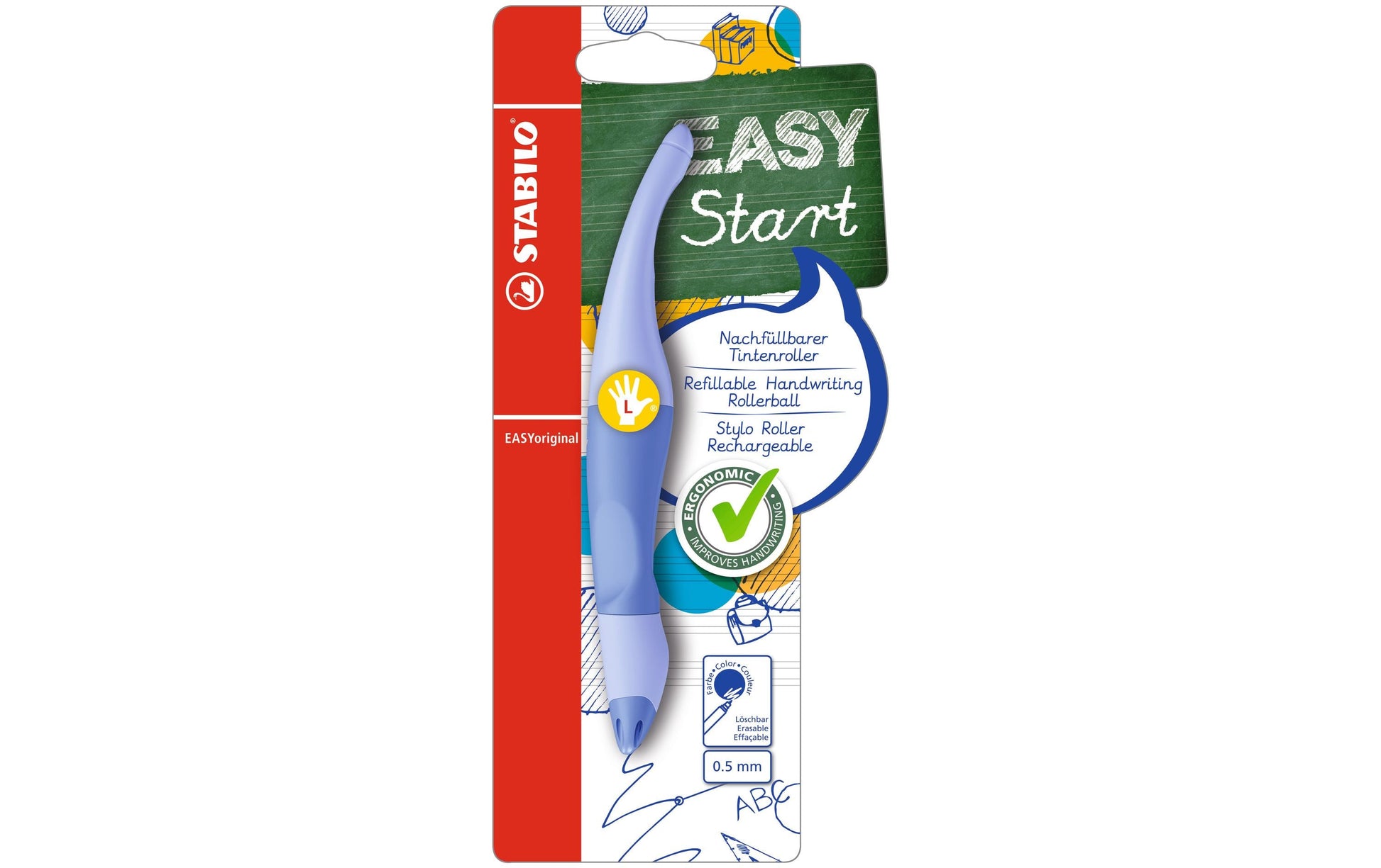 STABILO EASYoriginal Start Pastell – Tintenroller, mit Kappe, 0,5 mm, Blau, für Linkshänder, 1er Blister