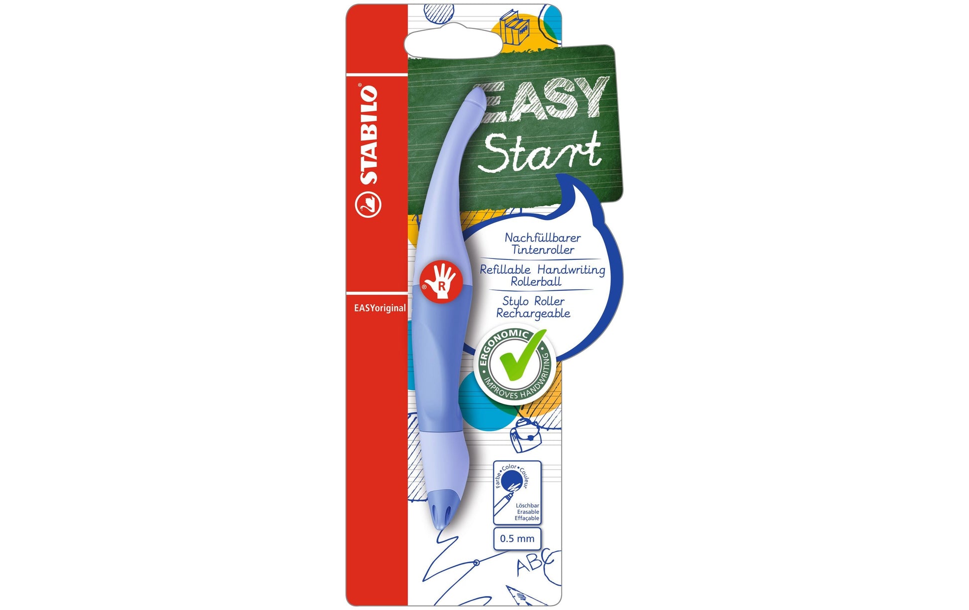 STABILO EASYoriginal Start Pastell – Tintenroller, mit Kappe, 0,5 mm, Blau, 1er Blister, für Rechtshänder