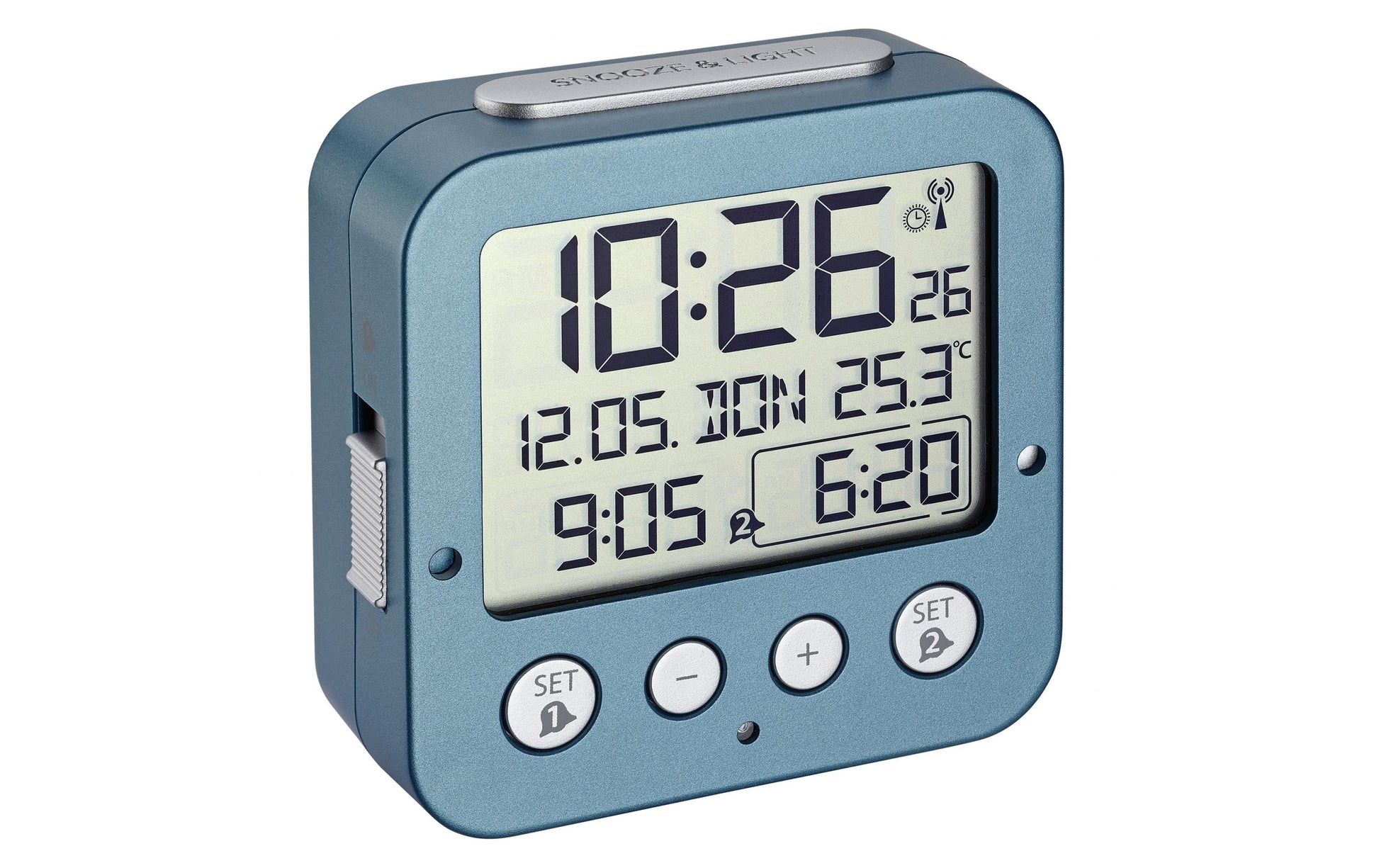 TFA-Dostmann TFA Dostmann Digitalwecker – Funk, Schlummerfunktion, Thermometer, 8,1 × 8,1 × 3,3 cm, türkis, Kunststoff