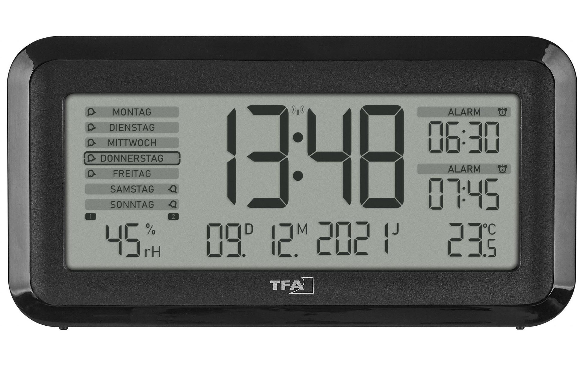 TFA-Dostmann TFA Dostmann Digitalwecker – Funk, Schlummerfunktion, Thermometer/Hygrometer, 13,8 × 7,2 × 5,2 cm, Schwarz