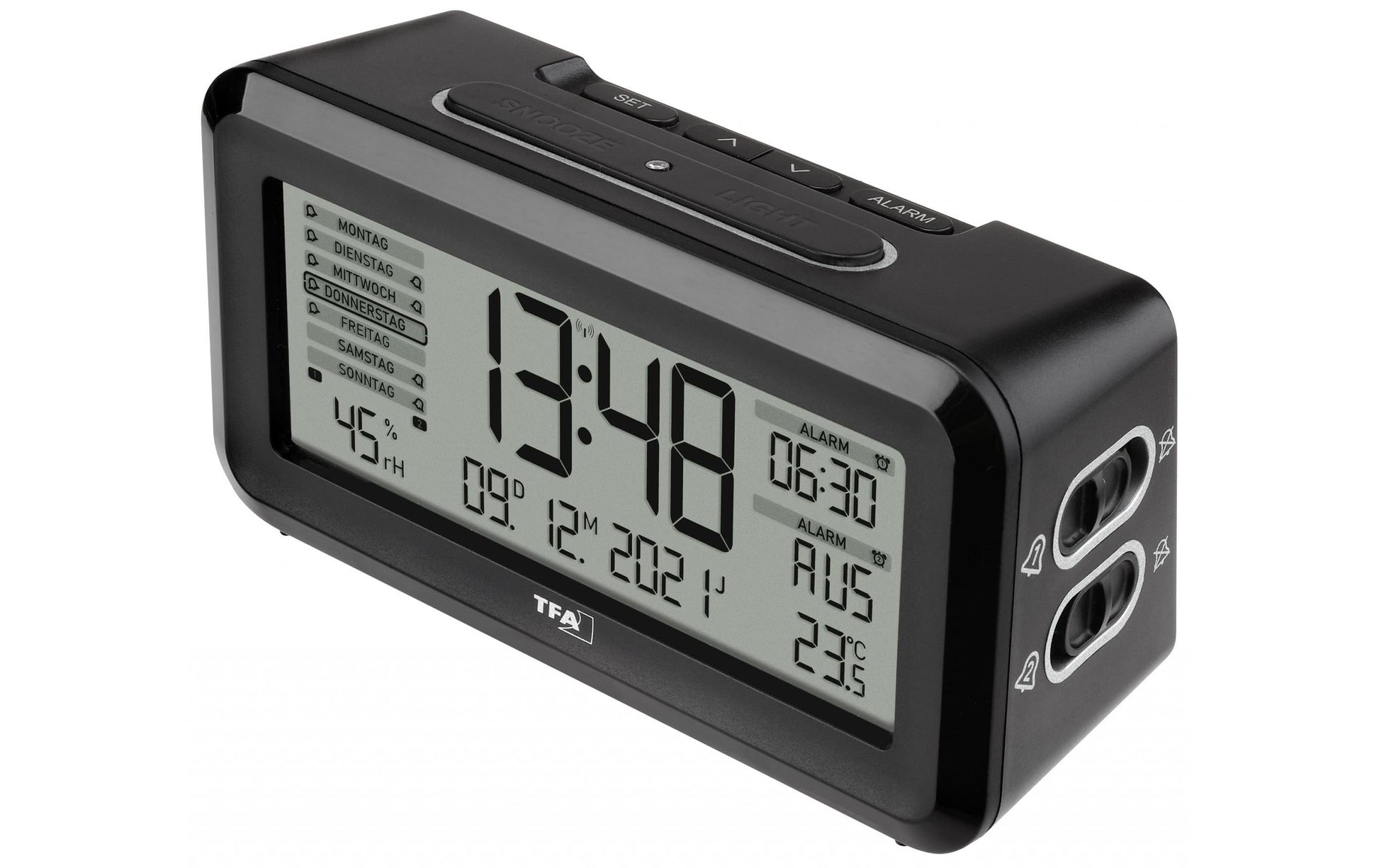 TFA-Dostmann TFA Dostmann Digitalwecker – Funk, Schlummerfunktion, Thermometer/Hygrometer, 13,8 × 7,2 × 5,2 cm, Schwarz