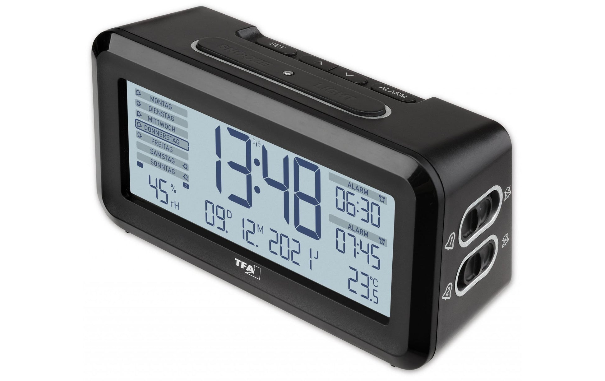 TFA-Dostmann TFA Dostmann Digitalwecker – Funk, Schlummerfunktion, Thermometer/Hygrometer, 13,8 × 7,2 × 5,2 cm, Schwarz