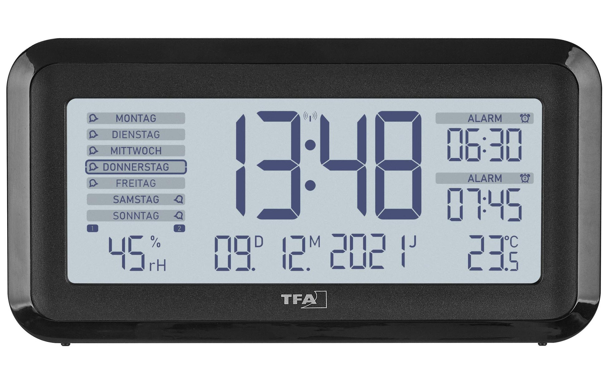 TFA-Dostmann TFA Dostmann Digitalwecker – Funk, Schlummerfunktion, Thermometer/Hygrometer, 13,8 × 7,2 × 5,2 cm, Schwarz