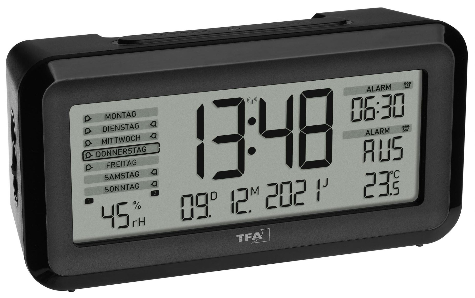 TFA-Dostmann TFA Dostmann Digitalwecker – Funk, Schlummerfunktion, Thermometer/Hygrometer, 13,8 × 7,2 × 5,2 cm, Schwarz