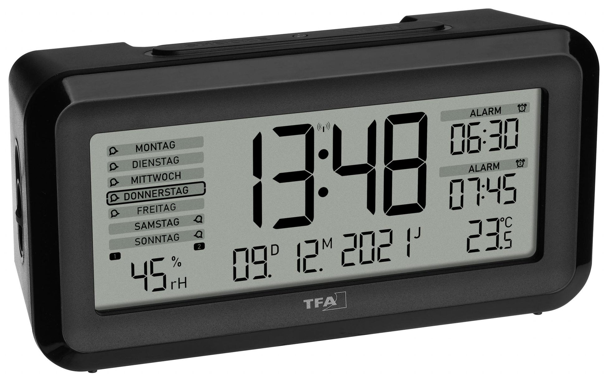 TFA-Dostmann TFA Dostmann Digitalwecker – Funk, Schlummerfunktion, Thermometer/Hygrometer, 13,8 × 7,2 × 5,2 cm, Schwarz