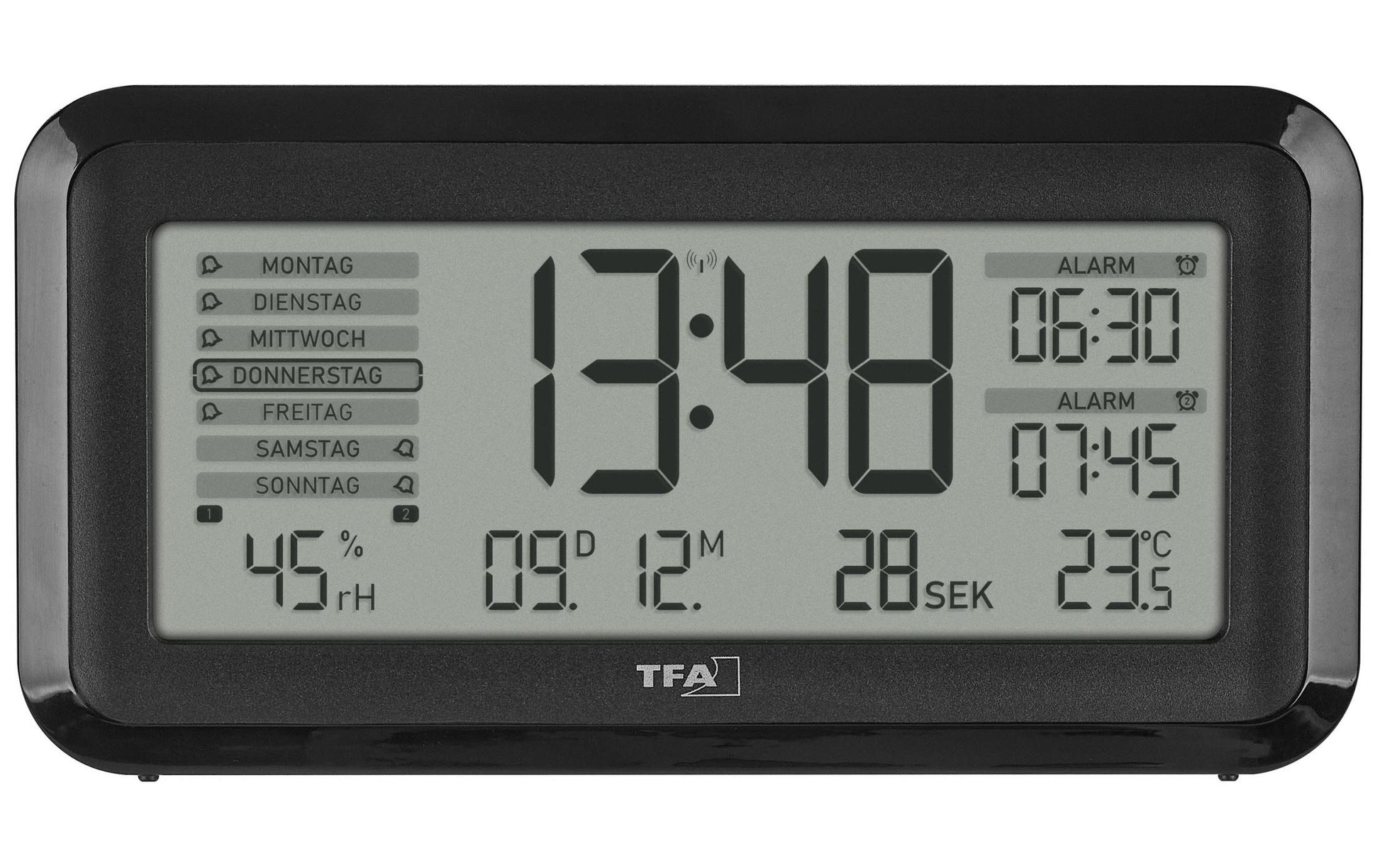 TFA-Dostmann TFA Dostmann Digitalwecker – Funk, Schlummerfunktion, Thermometer/Hygrometer, 13,8 × 7,2 × 5,2 cm, Schwarz
